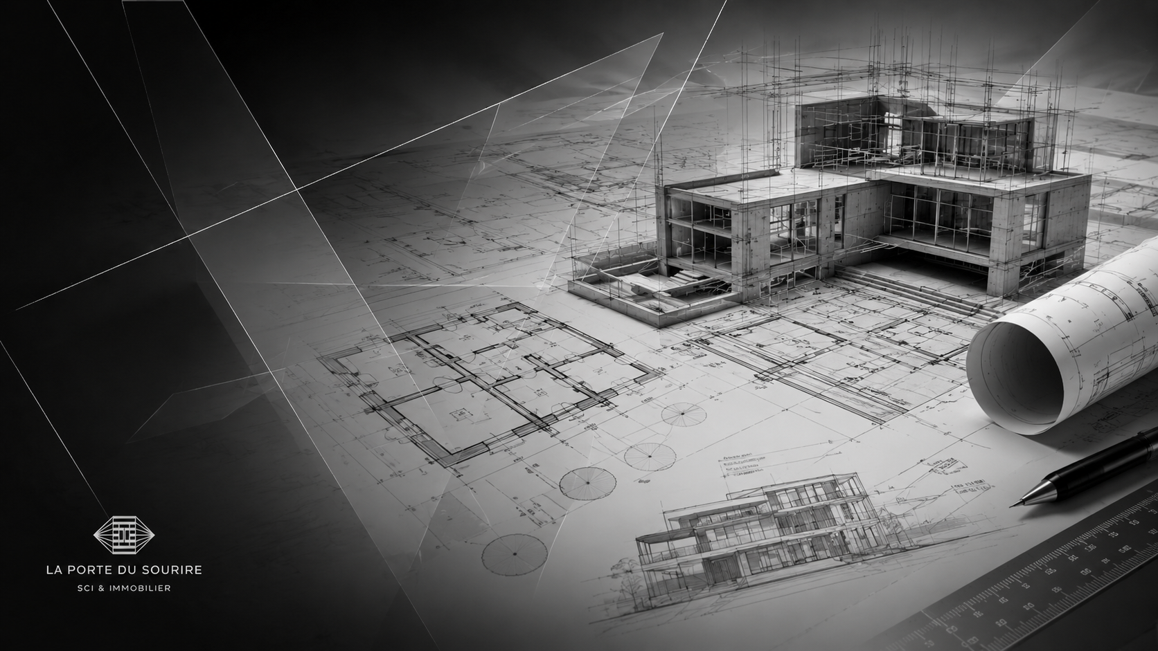 Projet architectural sur plan technique noir et blanc