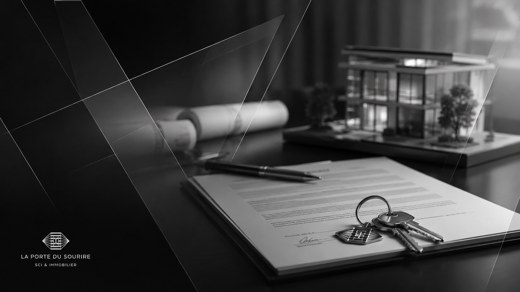 Contrat immobilier, clés et maquette architecturale